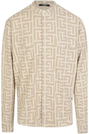 Balmain Skjorte, Herre, , L, Bomuld, Tyk Skjorte med Tekstureret Stof og Monogramtryk