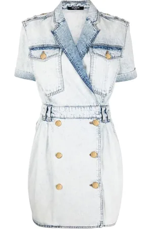 Balmain Kjole, Dame, Blå, 2XS, Denim, Blå Denim Minikjole med Bælte
