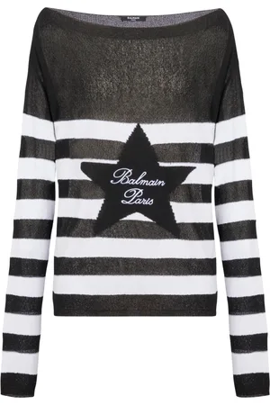 Balmain Strik, Dame, Sort, 2XS, Bådhals sweater med stjernemønster