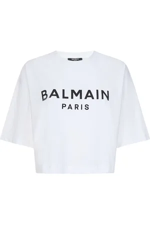 Balmain Top, Dame, Hvid, M, Bomuld, Hvid T-shirt med Sort Logo