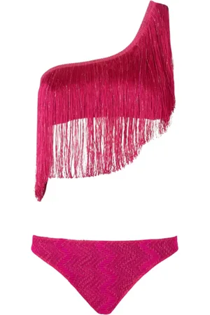 Missoni Badetøj, Dame, Lyserød, M, Uld, Zig-zag mønster en-skulder bikini med frynser