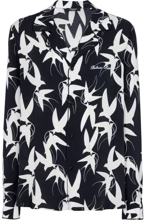 Balmain Skjorte, Herre, Sort, 2XL, Satin, Løs skjorte med svaletryk