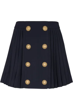 Balmain Nederdel, Dame, Blå, 2XS, Uld, Plisseret nederdel med løvehovedknapper