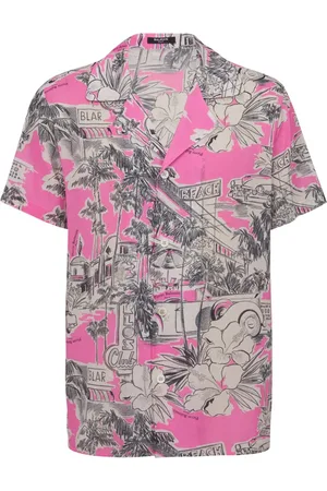 Balmain Skjorte, Herre, Lyserød, S, Kortærmet silkepyjamas skjorte med Miami-print