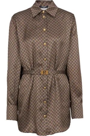 Balmain Bluser & Skjorter, Dame, Brun, S, Uld, Silkeskjorte med et mini-monogramtryk