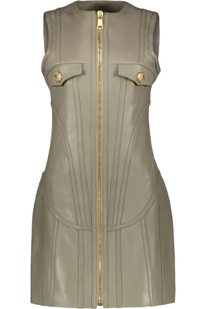 Balmain Kjole, Dame, Grøn, M, Læder, Mini Læderkjole med Prydede Knapper