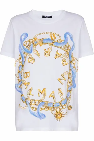 Balmain Top, Dame, Hvid, 2XL, Bomuld, T-shirt med Paris Chain print