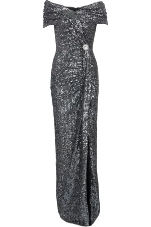 Balmain Kjole, Dame, Grå, S, Uld, Lang, draperet sequin-kjole