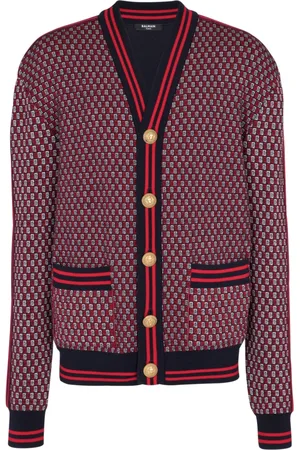 Balmain Strik, Herre, Flerfarvet, L, Uld, Monogrammeret uld cardigan