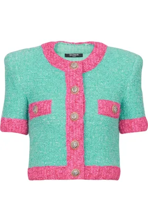 Balmain Strik, Dame, Flerfarvet, M, Bomuld, Two-tone Cropped Strik Cardigan