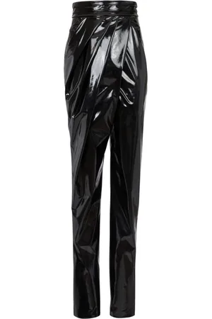 Balmain Bukser, Dame, Sort, S, Polyester, Asymmetriske draperede vinylbukser