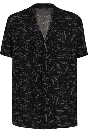Balmain Skjorte, Herre, Sort, L, Uld, Pyjamaskjorte med All-Over Label Print