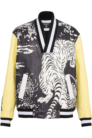 Balmain Jakke, Herre, Flerfarvet, M, Læder, Læder varsity jakke med Tiger print