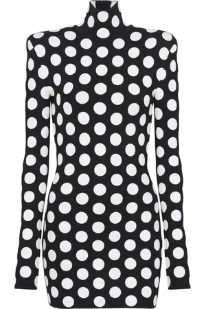 Balmain Kjole, Dame, Sort, XL, Polyester, Kort Strikket Polkaprikke Kjole med Høj Krave