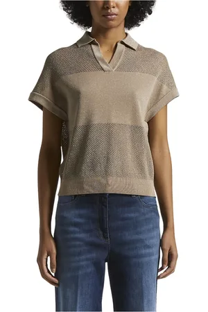 PESERICO SIGN Strik, Dame, Brun, XL, Bomuld, Ren bomuld crepe tricot polo shirt