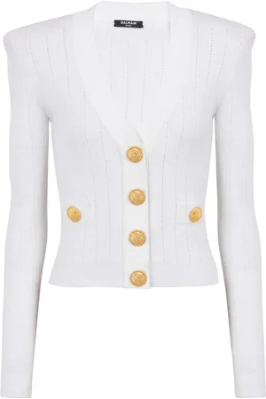 Balmain Strik, Dame, Hvid, M, Uld, Cropped strikket cardigan