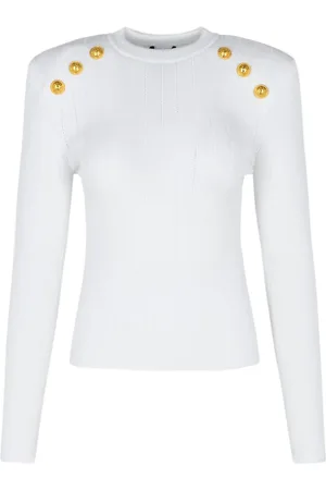 Balmain Strik, Dame, Hvid, M, Uld, Hvid Struktureret Sweater med Rund Halsudskæring
