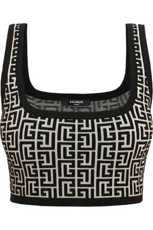 Balmain Top, Dame, Sort, M, Uld, Kort bicolor jacquard sports-bh-top med monogram.