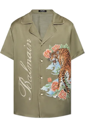 Balmain Skjorte, Herre, Grøn, S, Satin, Skjorte med korte ærmer