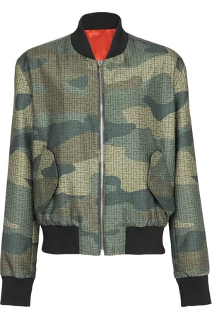 Balmain Jakke, Herre, Grøn, S, Polyester, Camouflage monogrammeret Shantung bomberjakke