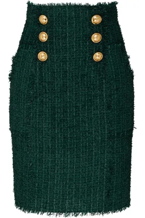 Balmain Nederdel, Dame, Grøn, XS, Tweed, Mørkegrøn Tweed Blyantskørt