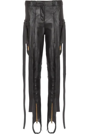 Balmain Bukser, Dame, Sort, S, Læder, Læder cargobukser med stropper