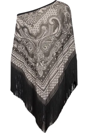 Balmain Jakke, Dame, Sort, ONE SIZE, Frynse Poncho med Mini-Monogram og Paisley Mønster