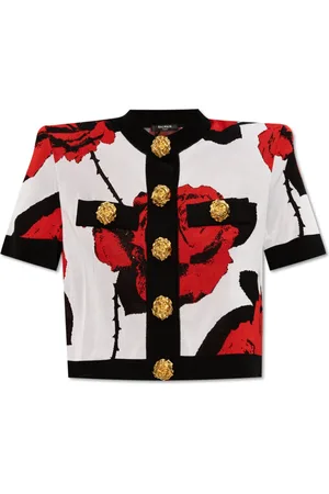 Balmain Strik, Dame, Flerfarvet, XS, Uld, Cardigan med Rosemotiv