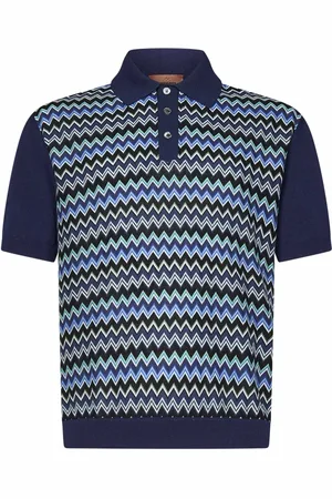 Missoni Top, Herre, Blå, M, Bomuld, Blå Zigzag Mønster Polo Skjorte