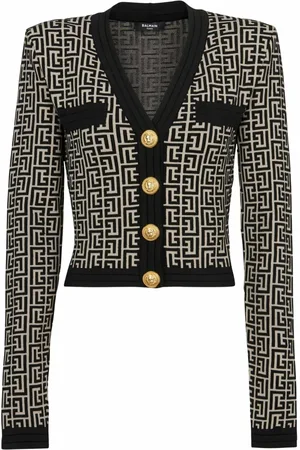 Balmain Strik, Dame, Flerfarvet, 2XS, Uld, Monogram strikket cardigan