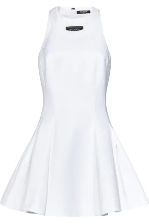 Balmain Kjole, Dame, Hvid, M, Uld, Hvid Tekstureret Mini Kjole Flæset