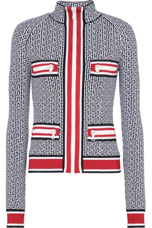 Balmain Strik, Dame, Flerfarvet, M, Polyester, Monogramstrikket jakke