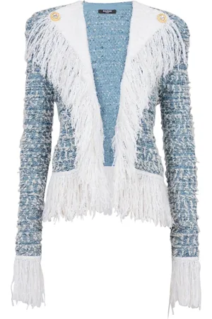 Balmain Jakke, Dame, Blå, 2XS, Denim, Frynset denim tweed jakke