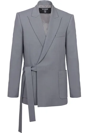 Balmain Jakke, Herre, Grå, M, Uld, Bæltet asymmetrisk jakke i dobbelt crepe