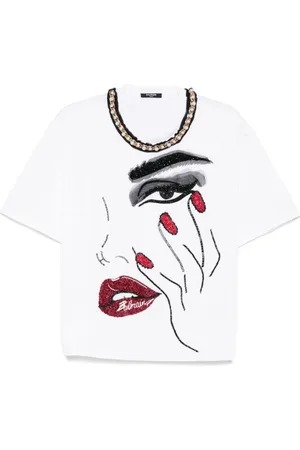 Balmain Top, Dame, Hvid, S, Uld, Stilfuld Applique T-shirt