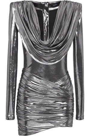 Balmain Kjole, Dame, Grå, S, Uld, Kort Metallisk Draperet Kjole