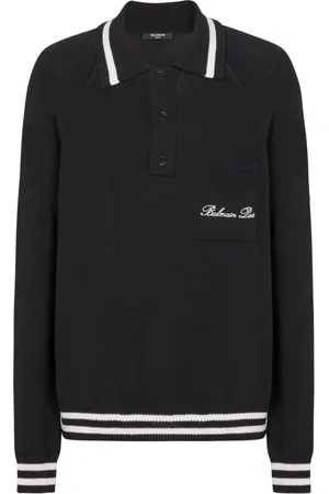 Balmain Strik, Herre, Sort, XL, Uld, Langærmet uld polo shirt med signaturbroderi