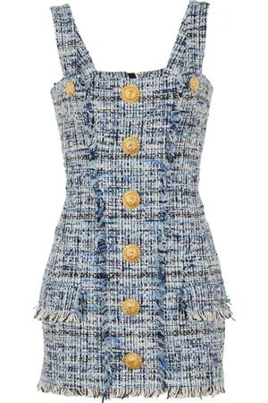 Balmain Kjole, Dame, Blå, M, Tweed, Kort tweedkjole med stropper
