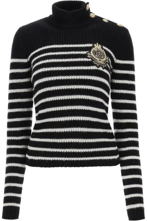 Balmain Strik, Dame, Sort, S, Uld, Stribet sweater med logo-patch