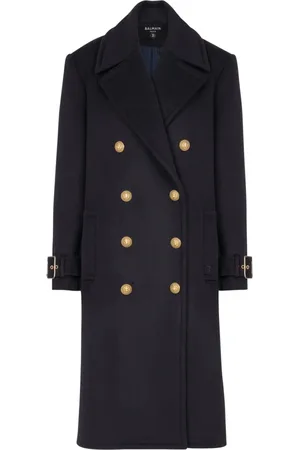 Balmain Frakke, Dame, Blå, XS, Uld, Oversize frakke med krydset knaplukning