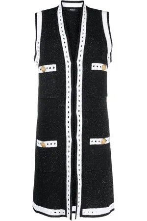 Balmain Strik, Dame, Sort, S, Uld, Lang Cardigan med Blondekant