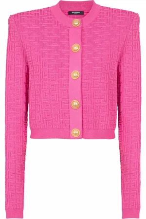 Balmain Strik, Dame, Lyserød, L, Uld, Beskåret monogramstrikket cardigan