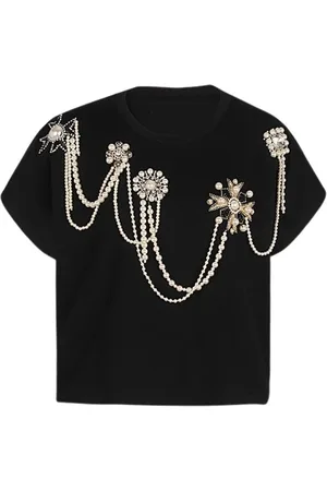 Balmain Top, Dame, Sort, M, Bomuld, Kortærmet bomuld T-shirt med gylden broderi