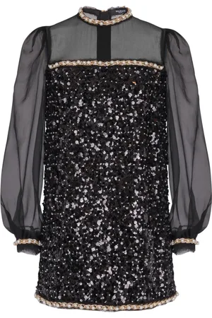 Balmain Kjole, Dame, Sort, S, Chiffon, Chiffon- og perlebroderet pailletkjole