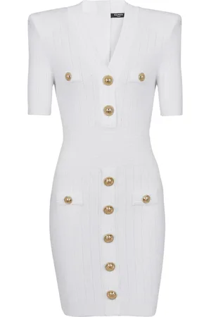 Balmain Kjole, Dame, Hvid, XS, Uld, Strikket kjole med knapper