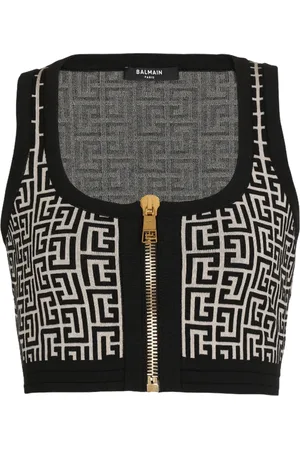Balmain Top, Dame, Sort, S, Uld, Strikket crop top med monogram