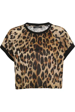 Balmain Top, Dame, Brun, L, Linned, Linned T-shirt med leopardprint