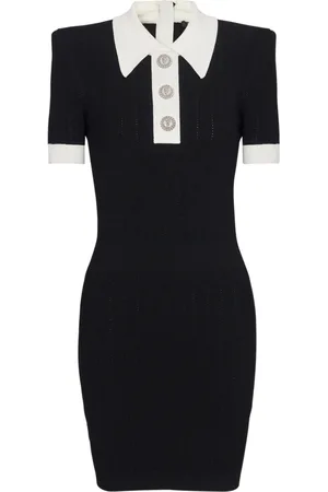 Balmain Kjole, Dame, Sort, 2XS, Polyester, Ribstrikket polo kjole