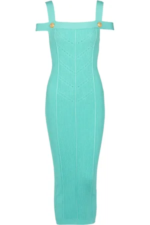 Balmain Kjole, Dame, Blå, M, Uld, Strikket Midi Kjole med Dobbelte Stropper