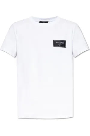 Balmain Top, Herre, Hvid, 2XL, Bomuld, T-shirt med logo patch